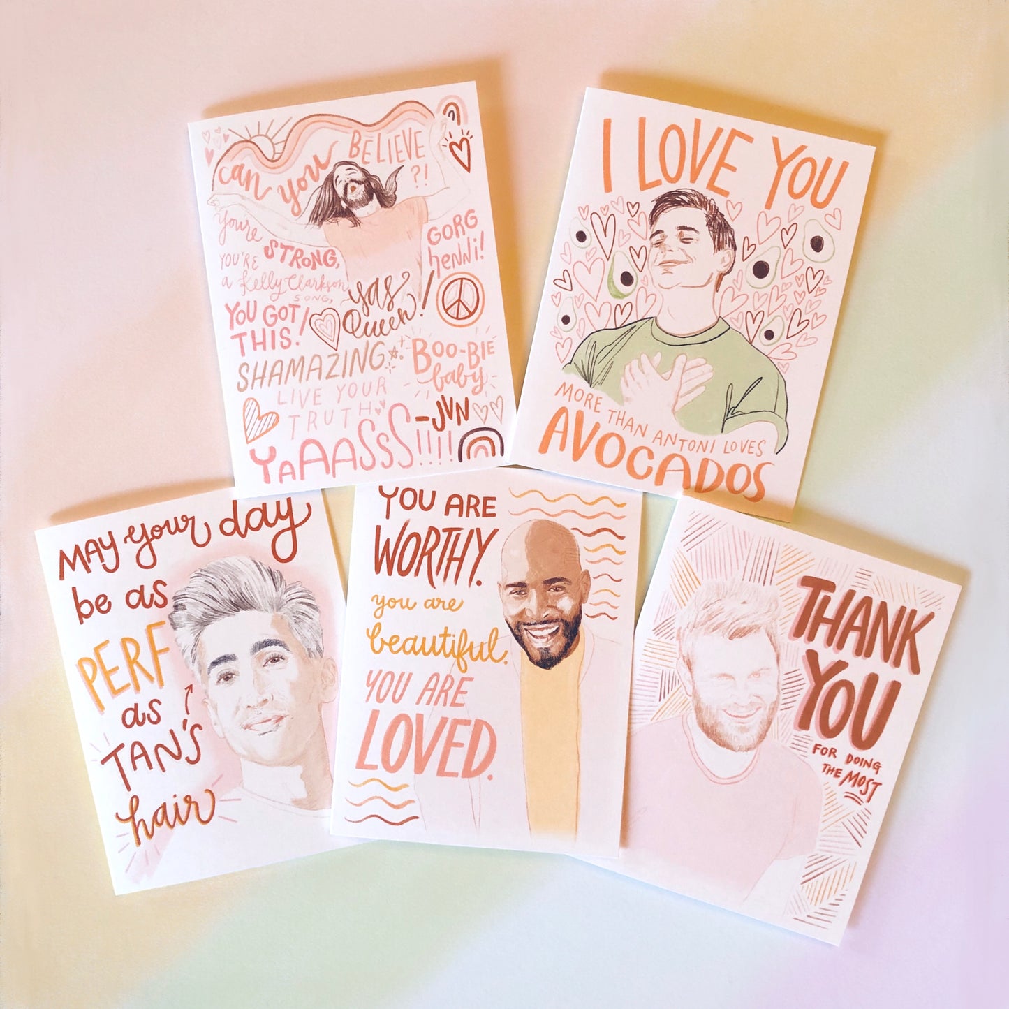 Fab Five Note Cards - Set of 5 - BLANK INSIDE